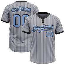 Load image into Gallery viewer, Custom Gray Black Pinstripe Light Blue Two-Button Unisex Softball Jersey