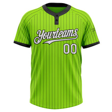 Load image into Gallery viewer, Custom Neon Green Black Pinstripe White Two-Button Unisex Softball Jersey