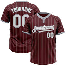 Load image into Gallery viewer, Custom Burgundy Gray Pinstripe White Two-Button Unisex Softball Jersey