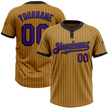 Load image into Gallery viewer, Custom Old Gold Black Pinstripe Purple Two-Button Unisex Softball Jersey