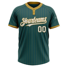 Load image into Gallery viewer, Custom Midnight Green Old Gold Pinstripe White Two-Button Unisex Softball Jersey