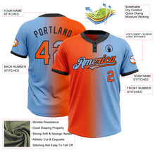 Load image into Gallery viewer, Custom Light Blue Orange-Black Gradient Fashion Two-Button Unisex Softball Jersey