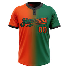 Load image into Gallery viewer, Custom Kelly Green Orange-Black Gradient Fashion Two-Button Unisex Softball Jersey