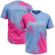 Load image into Gallery viewer, Custom Pink Light Blue-White 3D Pattern Abstract Brush Stroke Two-Button Unisex Softball Jersey