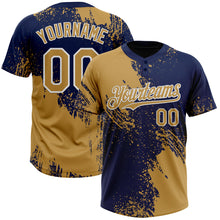 Load image into Gallery viewer, Custom Old Gold Navy-White 3D Pattern Abstract Brush Stroke Two-Button Unisex Softball Jersey