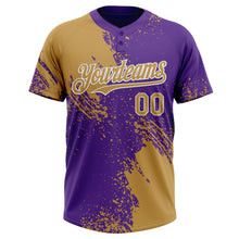 Load image into Gallery viewer, Custom Old Gold Purple-White 3D Pattern Abstract Brush Stroke Two-Button Unisex Softball Jersey