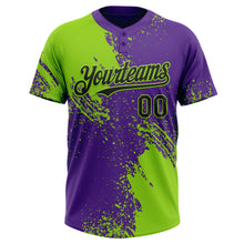 Load image into Gallery viewer, Custom Neon Green Black-Purple 3D Pattern Abstract Brush Stroke Two-Button Unisex Softball Jersey
