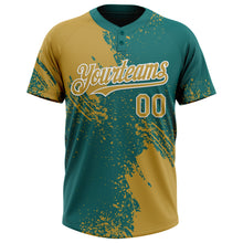 Load image into Gallery viewer, Custom Old Gold Teal-White 3D Pattern Abstract Brush Stroke Two-Button Unisex Softball Jersey