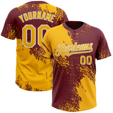Load image into Gallery viewer, Custom Gold Burgundy-White 3D Pattern Abstract Brush Stroke Two-Button Unisex Softball Jersey