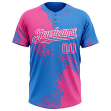 Load image into Gallery viewer, Custom Pink Electric Blue-White 3D Pattern Abstract Brush Stroke Two-Button Unisex Softball Jersey