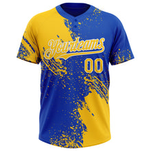 Load image into Gallery viewer, Custom Yellow Thunder Blue-White 3D Pattern Abstract Brush Stroke Two-Button Unisex Softball Jersey