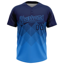 Load image into Gallery viewer, Custom Navy Electric Blue 3D Gradient Square Shape Two-Button Unisex Softball Jersey