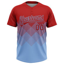 Load image into Gallery viewer, Custom Red Light Blue 3D Gradient Square Shape Two-Button Unisex Softball Jersey
