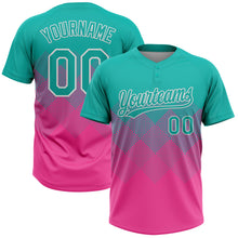 Load image into Gallery viewer, Custom Aqua Pink-White 3D Gradient Square Shape Two-Button Unisex Softball Jersey