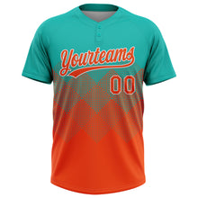 Load image into Gallery viewer, Custom Aqua Orange-White 3D Gradient Square Shape Two-Button Unisex Softball Jersey