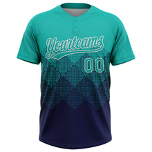 Load image into Gallery viewer, Custom Aqua Navy-White 3D Gradient Square Shape Two-Button Unisex Softball Jersey