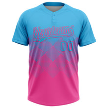 Load image into Gallery viewer, Custom Sky Blue Pink 3D Gradient Square Shape Two-Button Unisex Softball Jersey