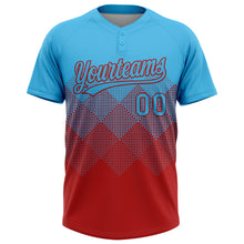 Load image into Gallery viewer, Custom Sky Blue Red 3D Gradient Square Shape Two-Button Unisex Softball Jersey