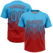 Load image into Gallery viewer, Custom Sky Blue Red 3D Gradient Square Shape Two-Button Unisex Softball Jersey