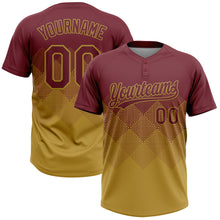 Load image into Gallery viewer, Custom Burgundy Old Gold 3D Gradient Square Shape Two-Button Unisex Softball Jersey