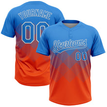 Load image into Gallery viewer, Custom Electric Blue Orange-White 3D Gradient Square Shape Two-Button Unisex Softball Jersey