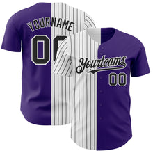 Load image into Gallery viewer, Custom Purple White-Black Pinstripe Authentic Split Fashion Baseball Jersey