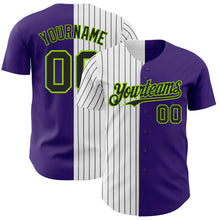 Load image into Gallery viewer, Custom Purple Neon Green-Black Pinstripe Authentic Split Fashion Baseball Jersey