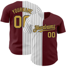 Load image into Gallery viewer, Custom Burgundy Old Gold-Black Pinstripe Authentic Split Fashion Baseball Jersey