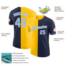 Load image into Gallery viewer, Custom Navy Light Blue-Yellow Split Fashion Performance T-Shirt