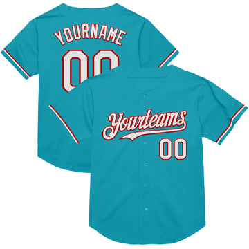Custom Teal White-Red Mesh Authentic Throwback Baseball Jersey