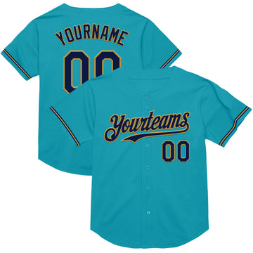 Custom Teal Navy-Old Gold Mesh Authentic Throwback Baseball Jersey