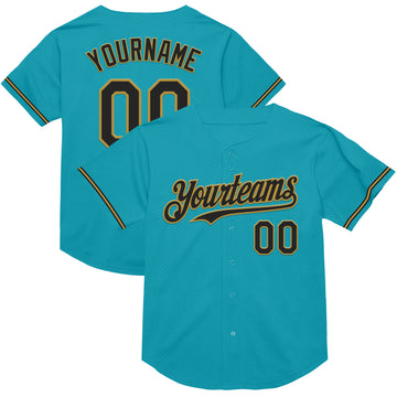 Custom Teal Black-Old Gold Mesh Authentic Throwback Baseball Jersey