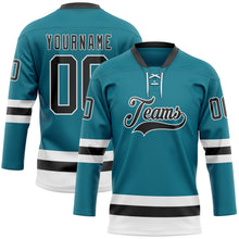 Load image into Gallery viewer, Custom Teal Black-White Hockey Lace Neck Jersey