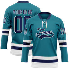 Load image into Gallery viewer, Custom Teal Navy-White Hockey Lace Neck Jersey