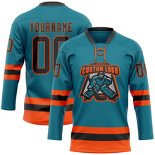 Load image into Gallery viewer, Custom Teal Black-Orange Hockey Lace Neck Jersey