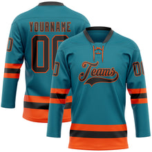 Load image into Gallery viewer, Custom Teal Black-Orange Hockey Lace Neck Jersey