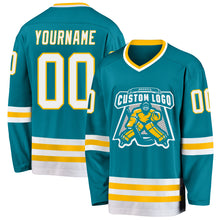 Load image into Gallery viewer, Custom Teal White-Gold Hockey Jersey
