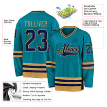 Load image into Gallery viewer, Custom Teal Navy-Old Gold Hockey Jersey