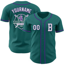 Load image into Gallery viewer, Custom Teal White-Purple Authentic Baseball Jersey
