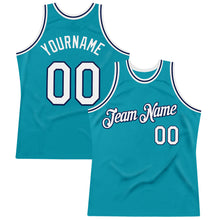 Load image into Gallery viewer, Custom Teal White-Navy Authentic Throwback Basketball Jersey