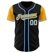 Load image into Gallery viewer, Custom Black Light Blue-Gold Authentic Two Tone Baseball Jersey