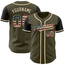 Load image into Gallery viewer, Custom Olive Vintage USA Flag-Black Authentic Two Tone Salute To Service Baseball Jersey