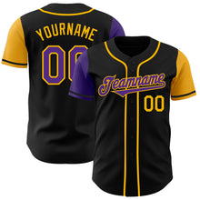 Load image into Gallery viewer, Custom Black Purple-Gold Authentic Two Tone Baseball Jersey