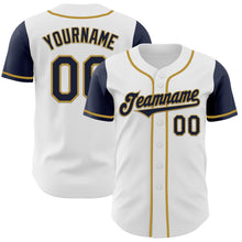 Load image into Gallery viewer, Custom White Navy-Old Gold Authentic Two Tone Baseball Jersey