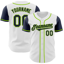 Load image into Gallery viewer, Custom White Navy-Neon Green Authentic Two Tone Baseball Jersey