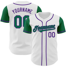 Load image into Gallery viewer, Custom White Kelly Green-Purple Authentic Two Tone Baseball Jersey