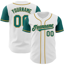 Load image into Gallery viewer, Custom White Teal-Old Gold Authentic Two Tone Baseball Jersey