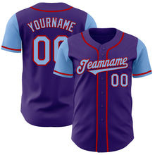 Load image into Gallery viewer, Custom Purple Light Blue-Red Authentic Two Tone Baseball Jersey