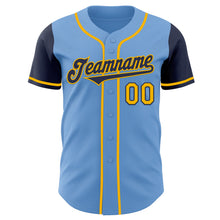 Load image into Gallery viewer, Custom Light Blue Navy-Gold Authentic Two Tone Baseball Jersey