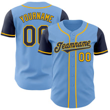 Load image into Gallery viewer, Custom Light Blue Navy-Gold Authentic Two Tone Baseball Jersey